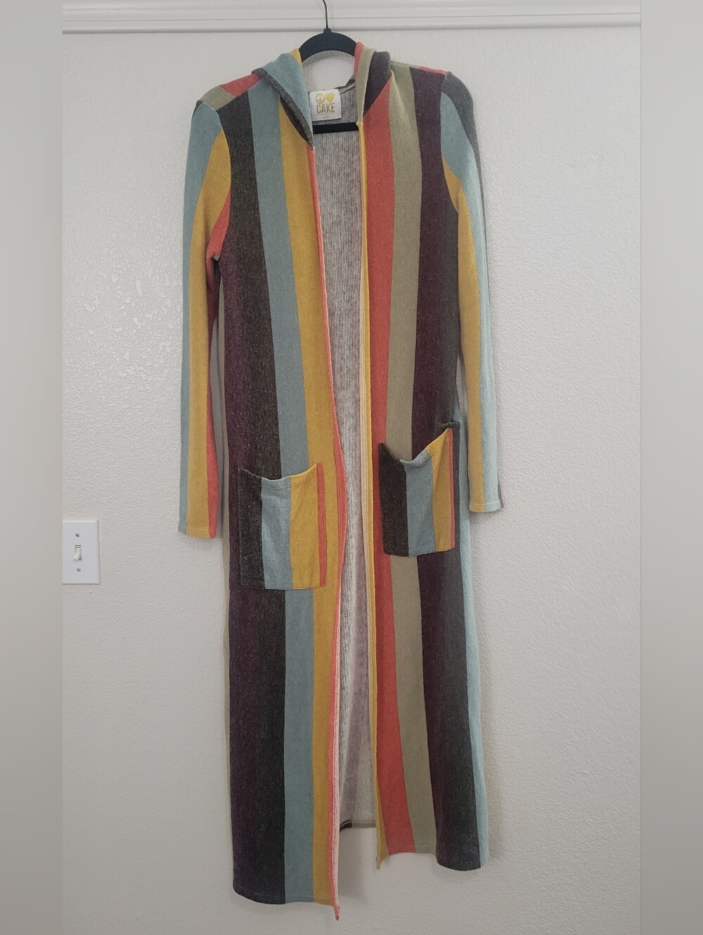 Cake Hooded Long Duster Cardigan Small Multicolor Striped Open Front Boho USA